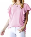 Heimish Usa Ruffled Sleeve Solid Ribbed Top In Pink In Pink