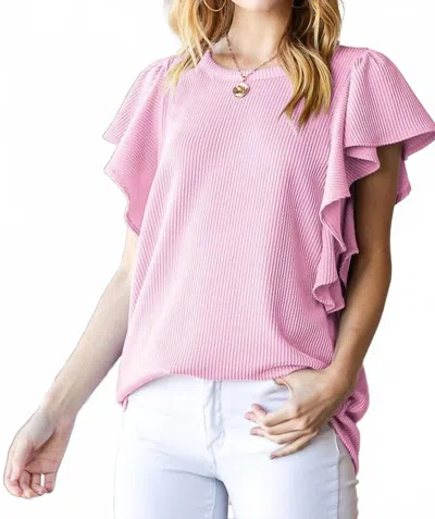Heimish Usa Ruffled Sleeve Solid Ribbed Top In Pink
