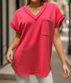 Heimish Usa Short Sleeves V-neck Top In Hot Pink In Red
