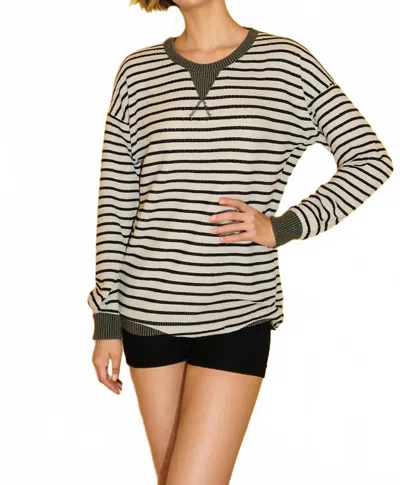 Heimish Usa Striped Cozy Pullover Top In Black/cream In Green