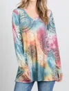 Heimish Usa Tie Dye & Circular Designs V-neck Long Sleeve Top In Multicolor In Blue