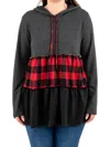 Heimish Usa Tiered Babydoll Hoodie Top In Charcoal/red In Multi