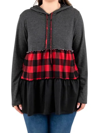 Heimish Usa Tiered Babydoll Hoodie Top In Charcoal/red In Multi