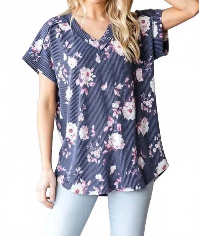 Heimish Usa Women's Dolman Short Sleeve V Neck Top In Navy Floral In Blue