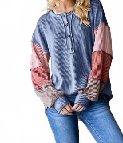 Heimish Usa Women's Long Puff Sleeve Ribbed Color Block Top In Blue In Multi
