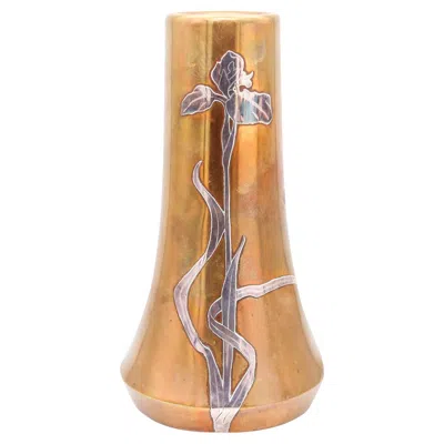 Pre-owned Heintz Art Metal Shop Otto Heintz Art & Craft 1890 Fluted Vase Polished Brass & Sterling Silver Orchid In Purple