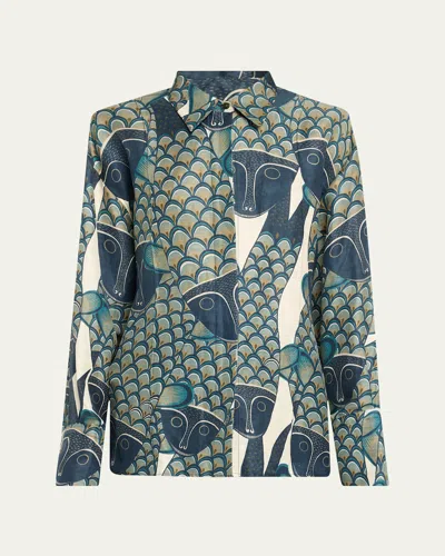 Heirlome A. Santos Printed Button Down Shirt In Ivory/blue Green