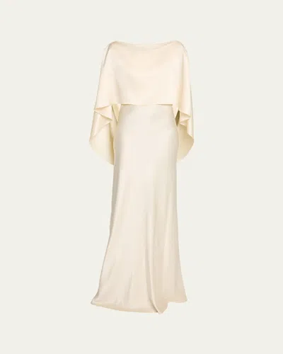 Heirlome Anna Draped Capelet Backless Silk Maxi Dress In Bone