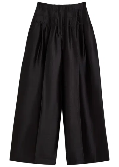 Heirlome Condesa Pleated Wide-leg Silk Trousers In Black
