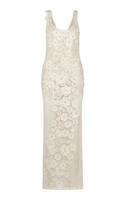 Heirlome Emily Flower-detailed Knit Silk Gown In Ivory