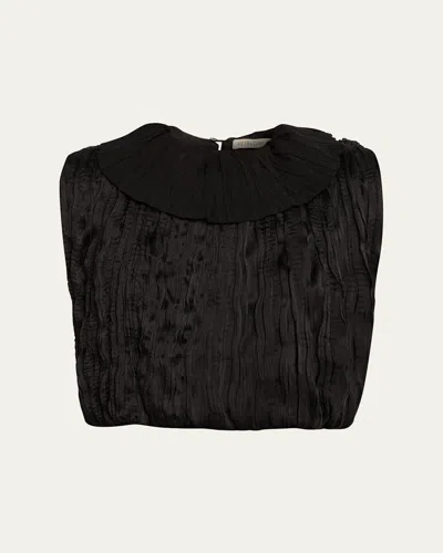 Heirlome Emma Ruffle Sleeveless Satin Plisse Top In Black