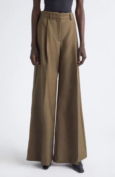 Heirlome Laurence Pleated Wool & Silk Wide Leg Trousers In Green