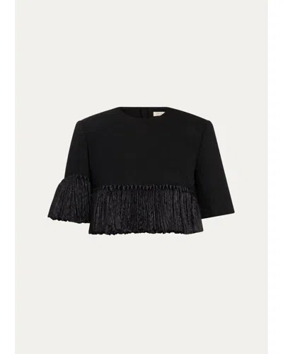 Heirlome Matilde Short-sleeve Tassel Fringe Wool Crop Top In Black