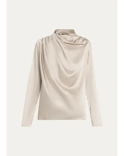 Heirlome Sybil Draped Silk Long-sleeve Top In Silver