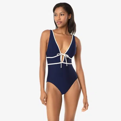 Helen Jon Plunge Front Tie One-piece In Navy Ivory In Blue