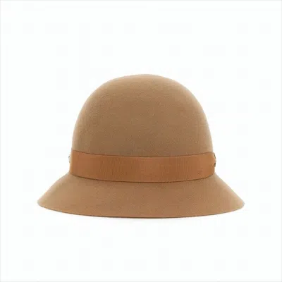 HELEN KAMINSKI CAMEL MERINO WOOL CLOCHE HAT WITH GROSGRAIN RIBBON