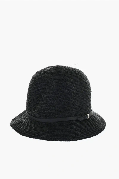 Helen Kaminski Solid Color Raffia Besa 6 Cloche Hat With Leather Detail In Black