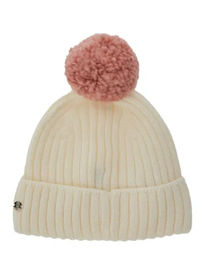 HELEN KAMINSKI 'TIANA' WHITE BEANIE WITH POMPOM AND LOGO PLAQUE ON THE FRONT IN WOOL AND CASHMERE BLEND WOMAN