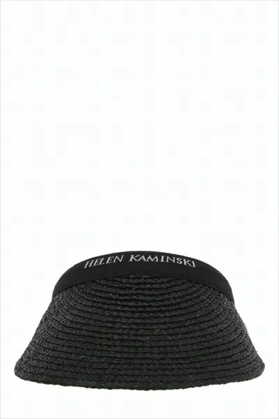 HELEN KAMINSKI WIDE-BRIM BLACK RAFFIA VISOR WITH LOGO BAND