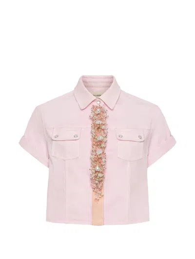 Hellessy Bella Pearl-embellished Short-sleeve Denim Jacket In Pink
