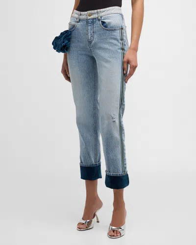 Hellessy Carl Mid-rise Velvet Corsage And Cuff Slim-leg Crop Jeans In Lili Wash/blue