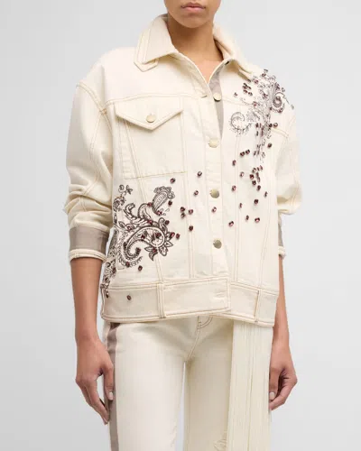 Hellessy Cosmo Crystal Paisley-print Oversized Denim Jacket In Ivory