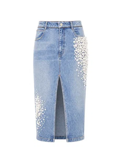 Hellessy Faux-pearl Embellished Denim Midi Skirt In Blue