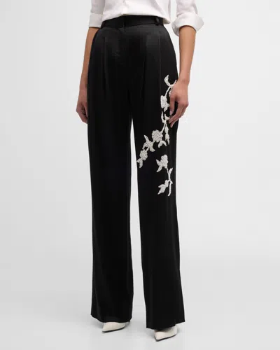 Hellessy Flora Applique Pleated Wide-leg Satin Crepe Trousers In Black