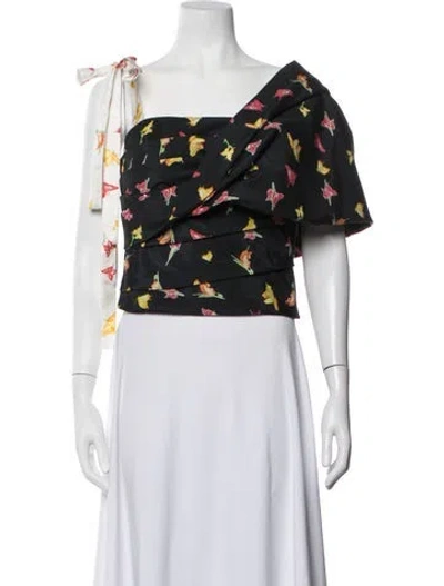 Pre-owned Hellessy Floral Print One-shoulder Crop Top In Black