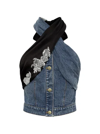 Hellessy Joel Lace-trimmed Halter-neck Denim Blouse In Blue