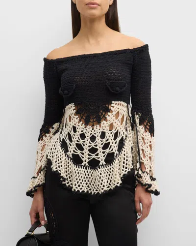 Hellessy Machi Crochet Knit Off-the-shoulder Top In Black/ecru