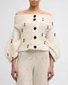 HELLESSY PEARLY-DROP EMBELLISHED OFF-THE-SHOULDER KNIT CARDIGAN