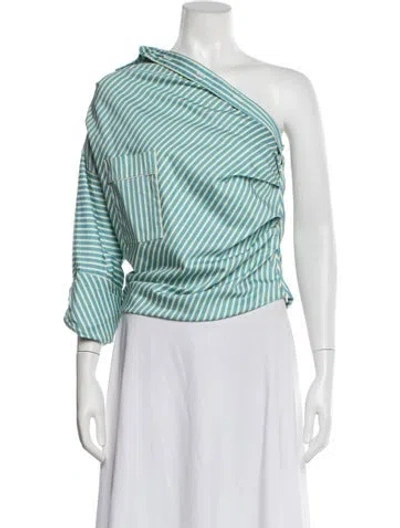 Pre-owned Hellessy Striped One-shoulder Button-up Top In Green