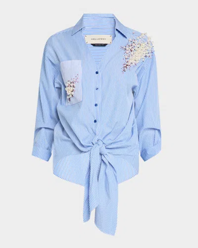 Hellessy Tina Beaded Tie-front Button-down Shirt In Light Blue / Dark Blue