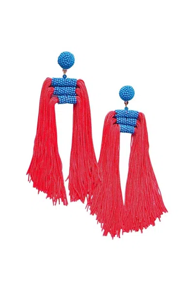 Hello Edie Women's Lauren Beaded Tassel Earrings In Turquoise And Cherry Red In Blue