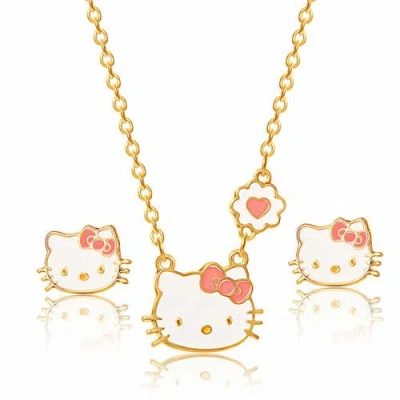 Hello Kitty Flash Stud Earrings And Plated Necklace, 18"+3" In Gold