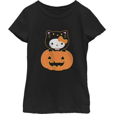 Hello Kitty Kids' Girl's  Halloween Pumpkin And Kitty  Graphic T-shirt In Black