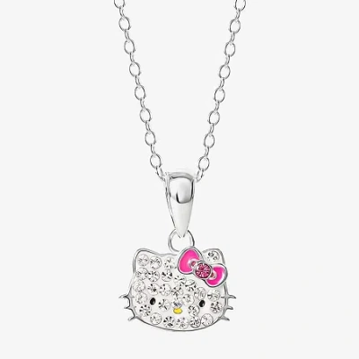 Hello Kitty Kids' Girls White Crystal Sterling Silver 15 Inch Pendant Necklace In Metallic