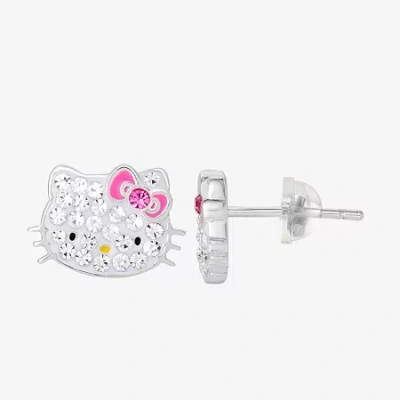 Hello Kitty Kids' Girls White Crystal Sterling Silver 8.1mm  Hoop Earrings In Metallic