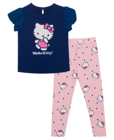 Hello Kitty Kids' Little Girls Wink Short Sleeve Top And Legging Set In Blue