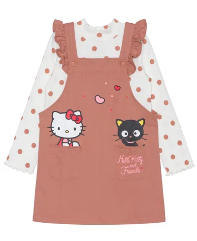 Hello Kitty Kids' Toddler And Little Girls Long Sleeve Top And Skirtall Dress, 2-piece Set In Brown