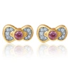 Hello Kitty White & Pink Sapphire Bow Stud Earrings In Gold