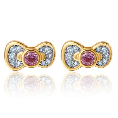 Hello Kitty White & Pink Sapphire Bow Stud Earrings In Gold