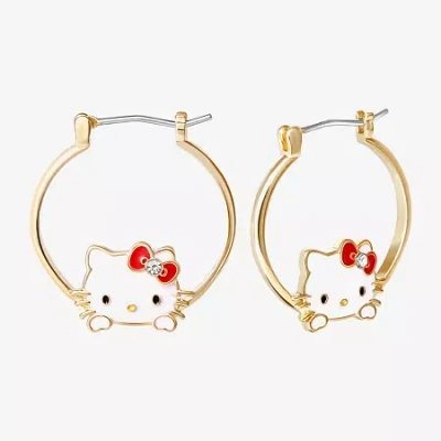 Hello Kitty Womens Crystal 18k Gold Over Brass 25.4mm Bow  Hoop Earrings