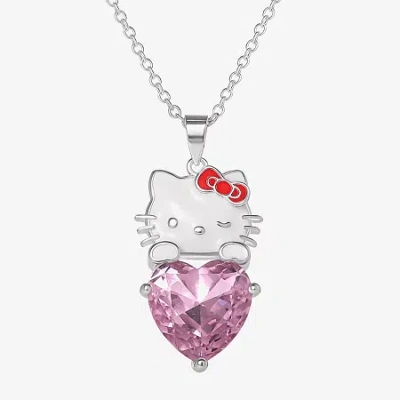 Hello Kitty Womens Pink Glass Pure Silver Over Brass Heart 16 Inch Pendant Necklace In Metallic