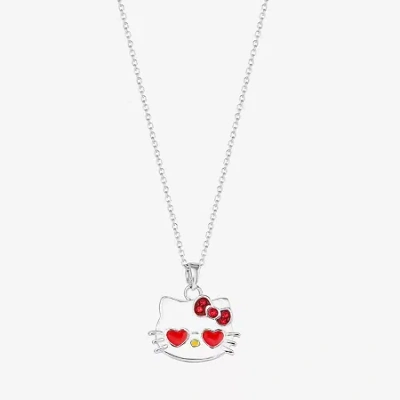 Hello Kitty Womens Red Crystal Pure Silver Over Brass Heart 18 Inch Pendant Necklace In Neutral