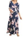 Hello Miz Floral Faux Wrap Maternity & Nursing Maxi Dress In Navy In Blue