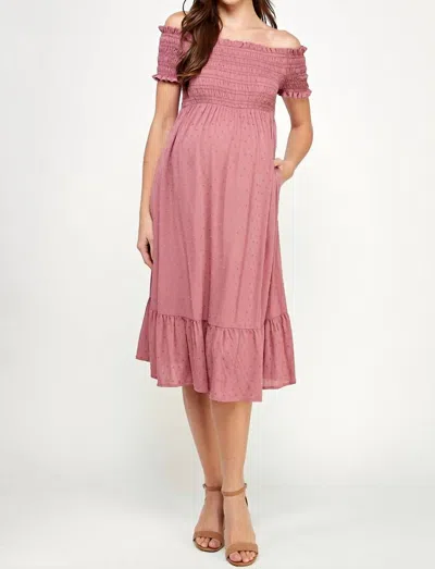 Hello Miz Smocked Off Shoulder Maternity Midi Dress In Mauve In Pink