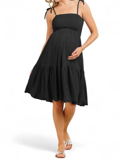Hello Miz Smocked Tie Strap Maternity Ruffle Dress In Black
