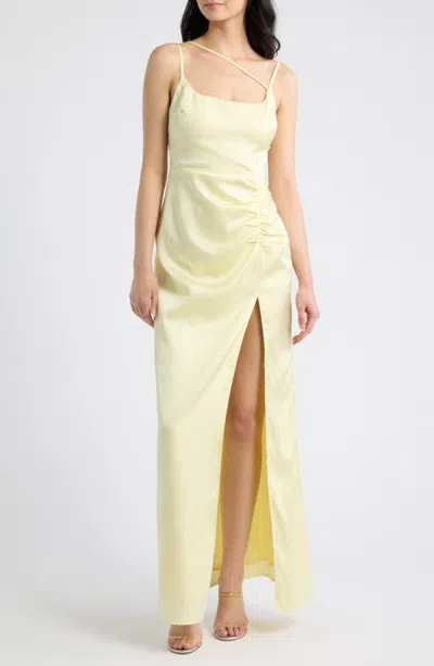 Hello Molly Gilded Empress Satin Asymmetrical Neck Gown In Yellow